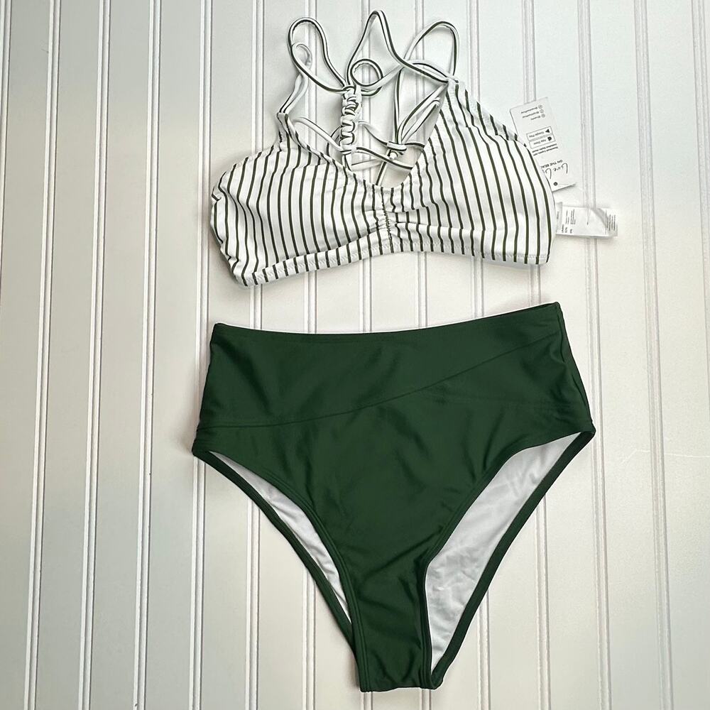 Cupshe Women Green White Stripe Bikini Set Braided High Waist S NWT